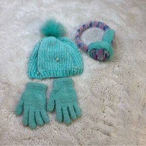 Girl Turquoise Beanie Hat + Gloves + Earmuff Set OS